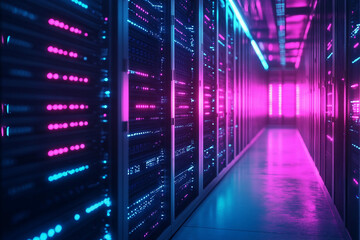 Powerful crypto mining farm with hundreds of graphics cards and neon lights for cryptocurrency blockchain data center generative ai