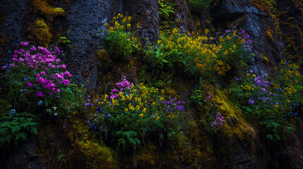 Moss-covered rock wall adorned with colorful wildflowers, natural rustic scene, detailed textures, vibrant botanical growth,