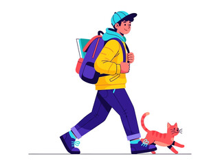 Obraz premium Journey Companion: A young man strides confidently, his trusty companion, a playful ginger cat, playfully trailing at his feet.