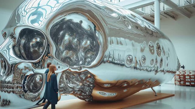 Giant reflective skull sculpture displayed indoors with a viewer admiring the artistic creation in a modern gallery setting