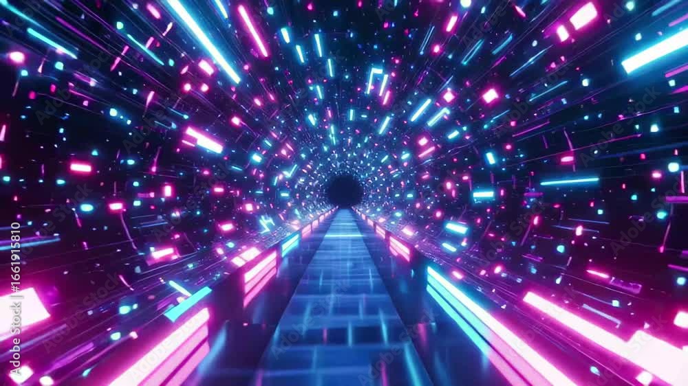 Poster vivid light tunnel showcasing vibrant colors and dynamic patterns in a futuristic digital space
