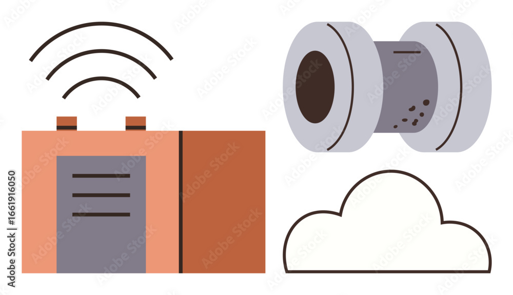 Poster radio transmitter with signal waves, data spool, and cloud shape representing connectivity, data sha