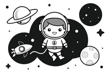 Monochrome Cartoon of an Astronaut with Planets, Stars, Rocket, and Dark Cosmic Cloud