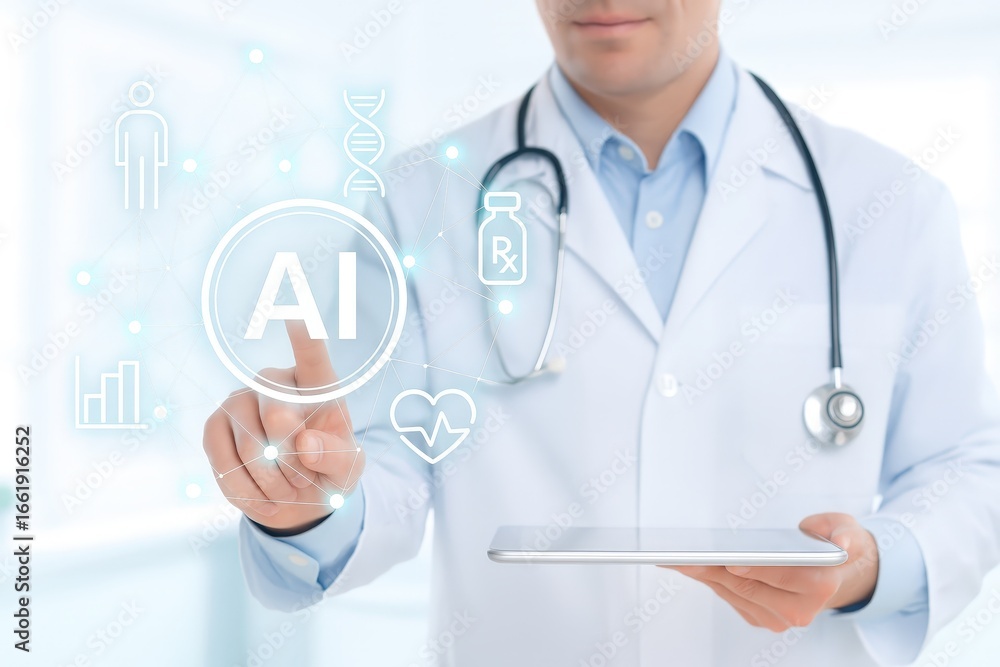 Poster a doctor interacts with a holographic display showcasing the application of artificial intelligence 