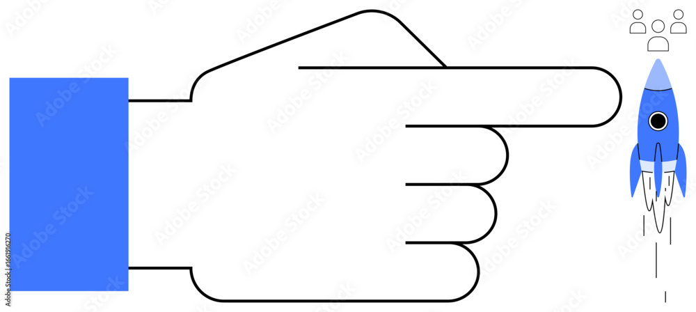 Aufkleber bold hand pointing to ascending rocket with trail and small group figures symbolizing teamwork. idea