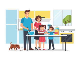 Family Baking Together: A cheerful family bakes a cake in their vibrant kitchen, radiating warmth, love, and the joy of creating something together. A playful dog adds to the lively scene