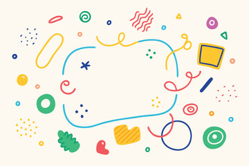 Playful Background with Colorful Doodle Shapes and a Blue Frame for Creative Design