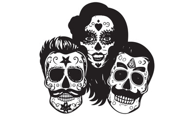 Black and White Sugar Skulls Trio & Cowboy – Dia de los Muertos Vector