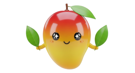A cute, cartoon-style mango character with a smiling face and star-shaped eyes, holding leaves as arms, on a white background.