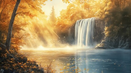 A watercolor background featuring a waterfall, paired with a landscape of the same, in a painted style, suitable as a nature wallpaper on canvas