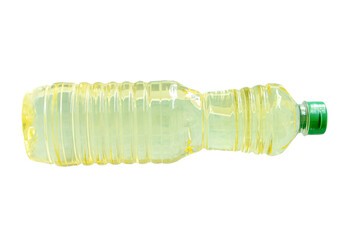 Vegetable oil or soybean oil in transparent plastic bottle isolated with clipping path in png file...