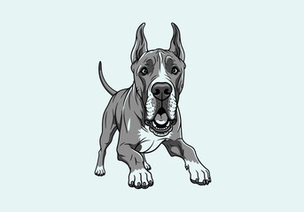 Black and white illustration of a playful dog with cropped ears, looking directly at the viewer.