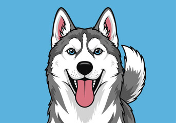 Cartoon illustration of a smiling husky dog with blue eyes and gray and white fur. © puji