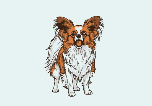 Detailed illustration of a Papillon dog with brown and white fur and large ears, standing on a light background.