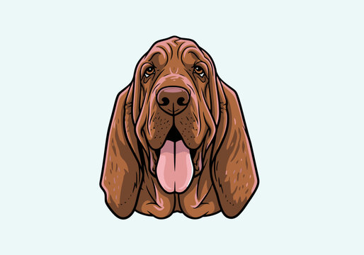 Illustration of a brown bloodhound dog with droopy ears and a long tongue.