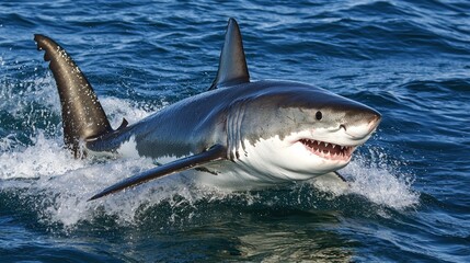 Fototapeta premium A great white shark with a white and gray coloration, swimming in the ocean with its mouth open and teeth visible.