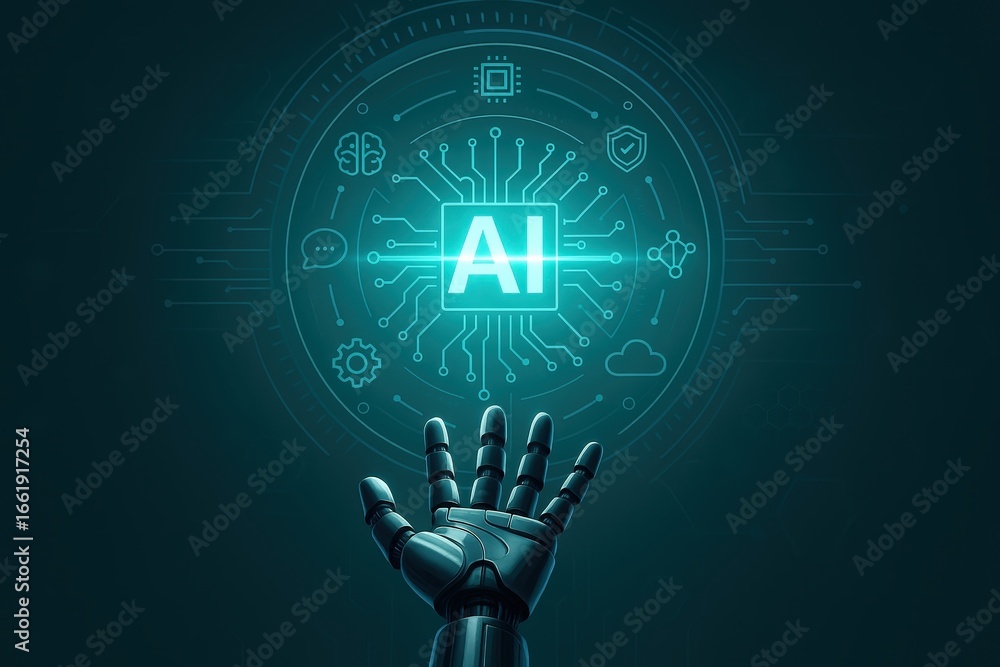 Aufkleber a robotic hand interacts with a glowing holographic representation of artificial intelligence techno