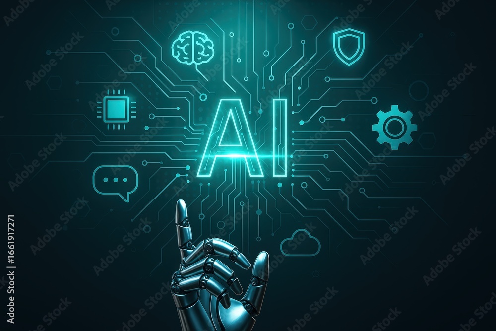 Aufkleber a metallic robotic arm points to glowing ai text overlaid on a circuit board graphic.