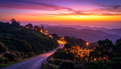Winding Road Through Hills at Colorful Sunset Landscape