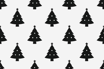 Obraz premium Seamless Pattern of Stylized Black Christmas Trees with Stars and Ornaments on Light Background