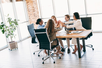 Professional team collaborating on a business project in a modern office environment while building teamwork and cooperation