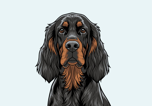 Detailed illustration of a Gordon Setter dog's head, featuring its distinctive black and tan coat and expressive eyes.