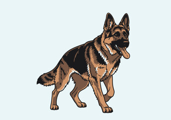 A detailed illustration of a German Shepherd dog with a brown and black coat, walking.