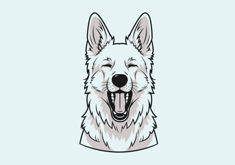 Detailed illustration of a happy white dog's head with its mouth open, appearing to laugh or pant.