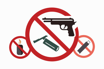 Vector prohibition sign set with no gun, no smoking, no food, and other safety warning symbols isolated on a white background