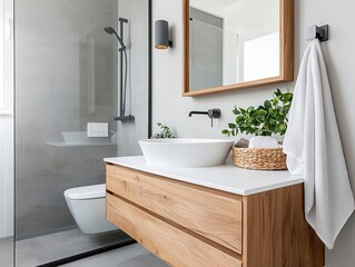 Retromodern bathroom with floating vanity and smart storage, midcentury minimalism