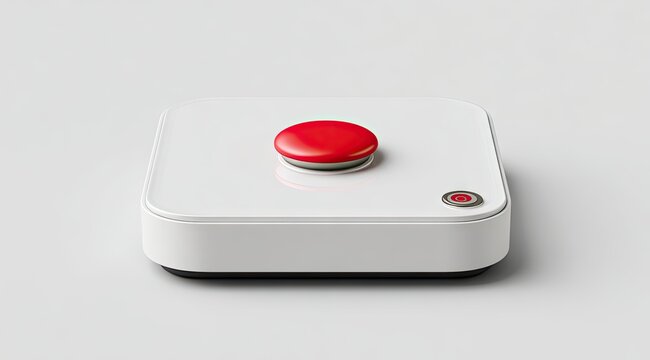 A sleek, square, white device with a prominent, recessed, red button atop a slightly raised platform.  A small, subtle indicator light is visible