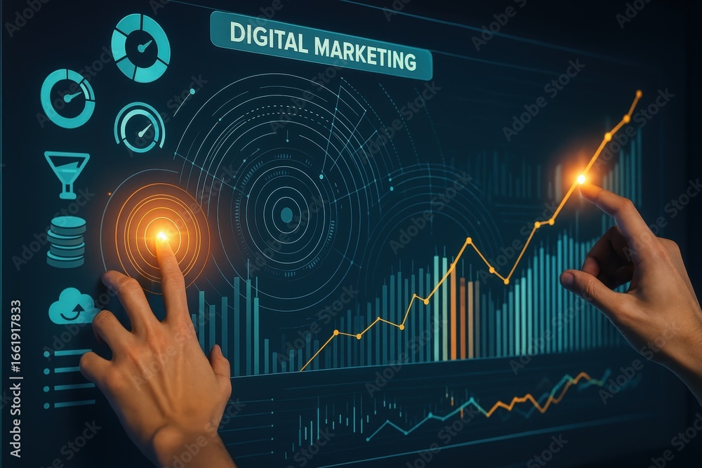 Poster a hand interacts with a digital dashboard displaying data visualizations for digital marketing, show