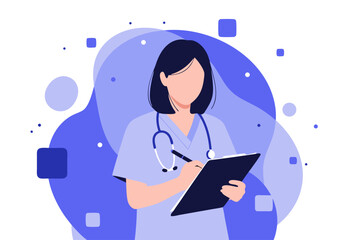 Dedicated female medical professional taking notes, a compelling vector illustration conveying essential healthcare duties and patient care with modern design flair.