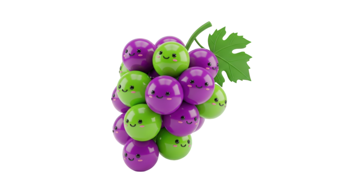 A bunch of stylized cartoon grapes, some purple and some green, with cute smiling faces and a green leaf, isolated on a white background.