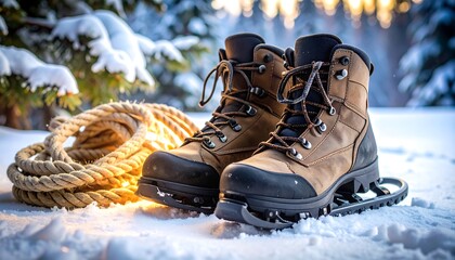 Winter Hiking Boots and Rope in Snowy Outdoor Setting