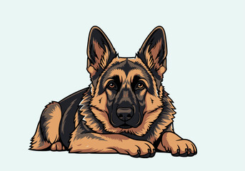 A detailed illustration of a German Shepherd dog lying down with its ears perked up and looking attentively at the viewer. © puji