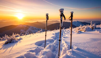 Winter Hiking Poles in Snowy Mountains at Sunrise Adventure