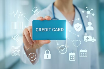 A hand holds a light blue credit card displayed with various healthcare related icons, suggesting a financial transaction and medical care integration.