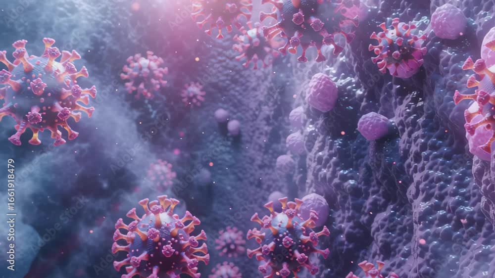 Poster microscope view of colorful virus structures highlighting the complexity of viral biology in a lab s