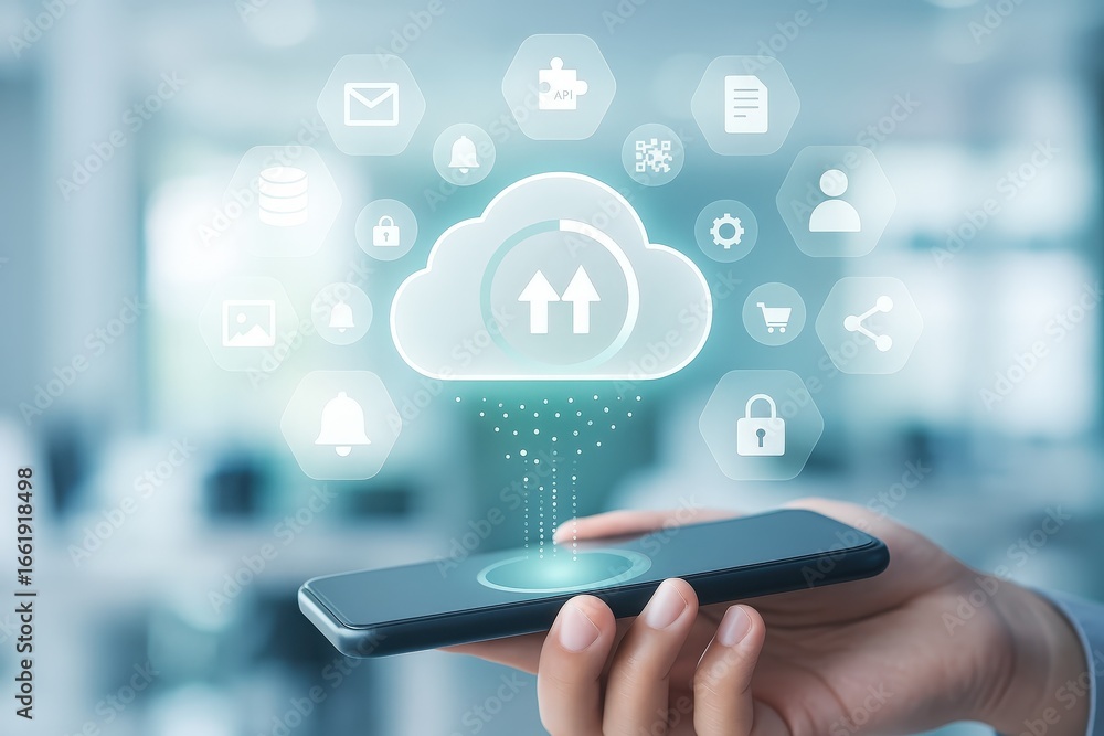 Poster a smartphone displays a digital cloud computing interface with numerous application icons, emphasizi