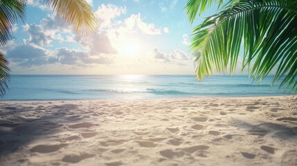 A serene beach scene with palm trees and a clear blue sky.