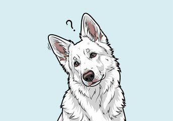 An illustration of a curious white dog tilting its head with a question mark above, on a light blue background.