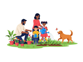 Family Garden: A heartwarming scene of a family collaboratively tending to their flourishing garden, filled with vibrant plants and blooms, with a playful dog.