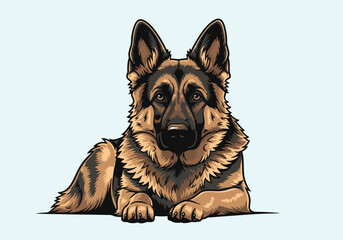 A detailed illustration of a German Shepherd dog lying down with its ears perked up. © puji