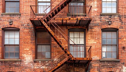 High-quality, professional marketing-style photograph of a rusty fire escape on a brick building, shot with a 50mm lens, eye-level angle, minimalist composition with clear focal point, soft side light