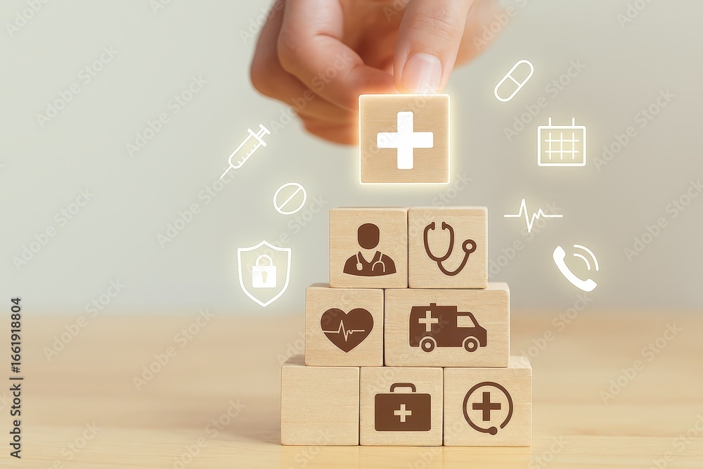 Poster a hand places a block with a medical symbol on top of a stack of blocks, each representing aspects o