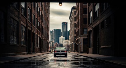 vintage car drives down narrow, wet urban alley with towering skyscrapers in background under overcast sky. cityscape and automotive theme. city life, transportation, urban exploration