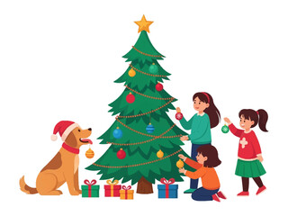Fototapeta premium Festive Friends Decorating: A heartwarming illustration of three children and a dog, together decorating the christmas tree, and the joy of togetherness. 