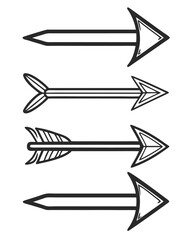 Four Hand Drawn Arrow Icons with Different Feather Designs on White Background drawing sketch