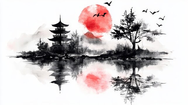 Oriental traditional vintage illustration is depicted in a Japanese landscape with pagoda trees and mountains in an asian art style reminiscent of china and japan with a zen background